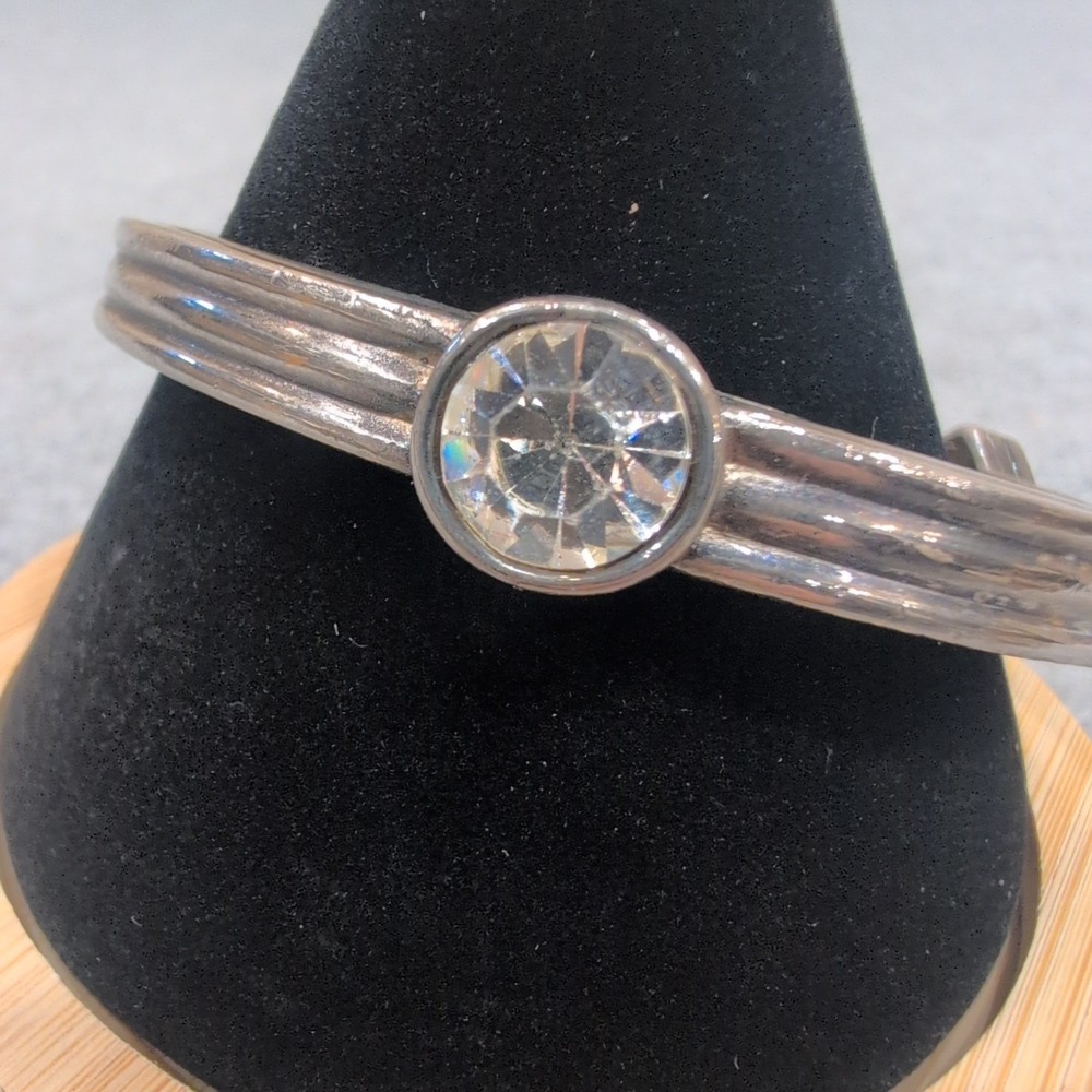 Vintage Silver Tone Bangle Bracelet Clear Crystal Accent Statement - Picture 2 of 4